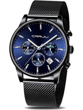 Men's Black And Blue Chronograph Waterproof Steel Quartz Mesh Strap Casual Watch